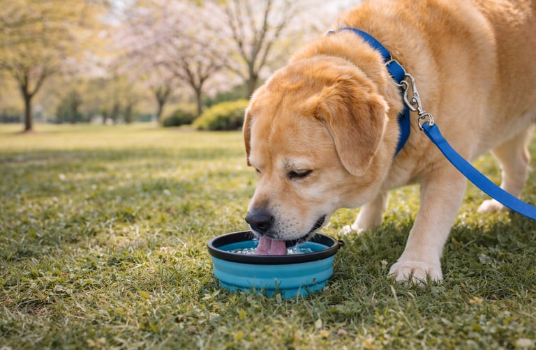 Dog drinking water during warm weather walk.