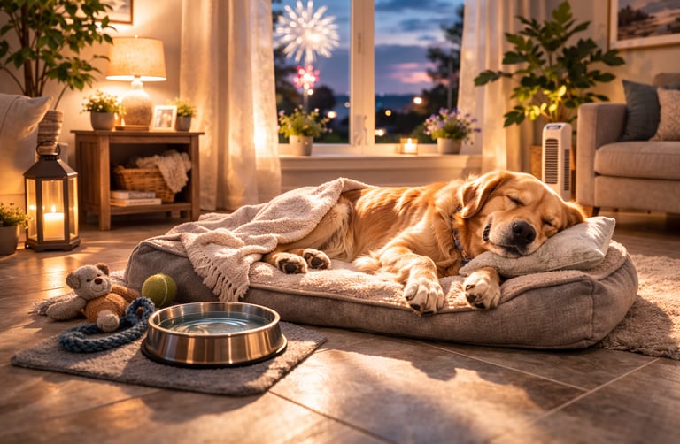 Dog resting in safe indoor space during fireworks.