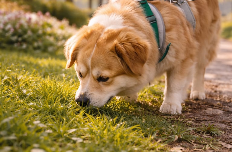 Dog sniffing fresh grass during spring walk.