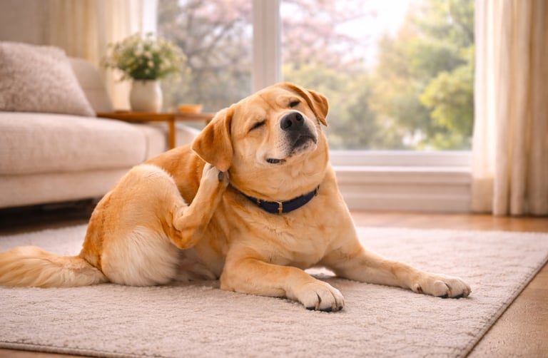 Dog scratching due to seasonal allergies indoors.