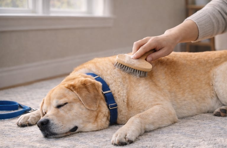 Dog being brushed during spring shedding season.