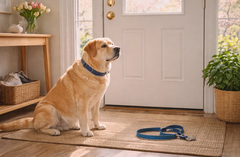 Dog waiting calmly for a walk at home.