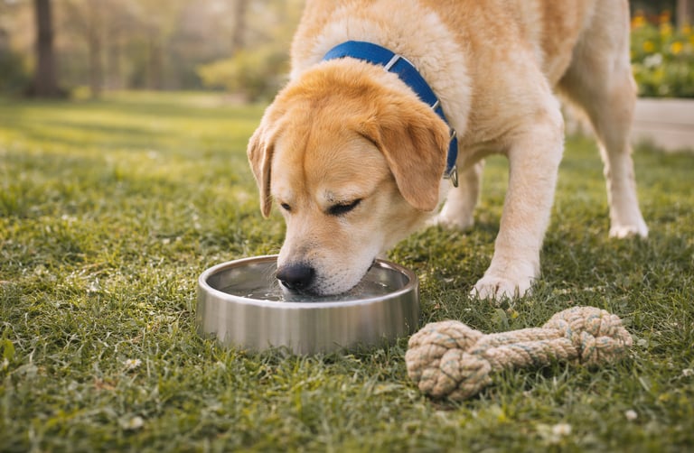 Dog drinking from reusable bowl outdoors.