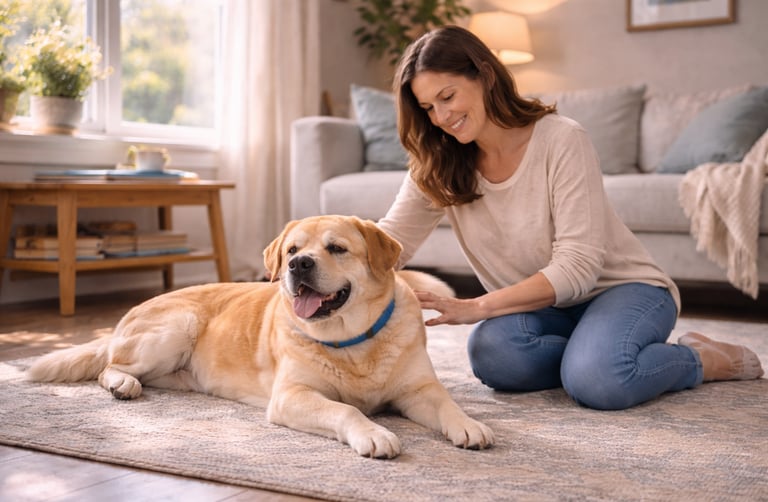 Pet sitter visiting dog at home.