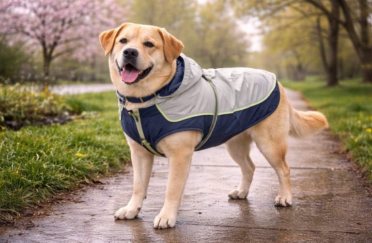 Dog wearing a rain jacket on a spring walk.