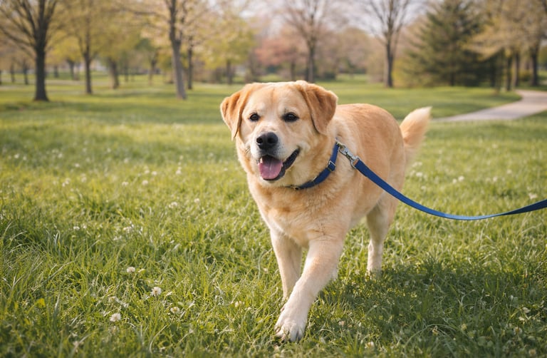 Dog walking through grassy park during spring.