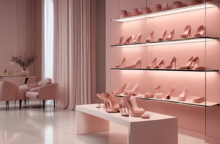 Designer women’s shoes and high heels displayed in a luxury boutique with blush pink and beige tones