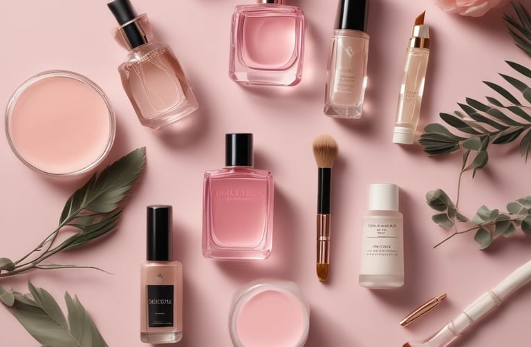 Premium skincare, perfumes, and makeup flat lay on soft pink background, from Amazon Luxury Beauty S