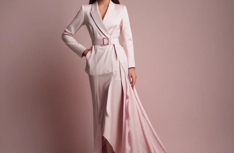 Luxury women’s clothing collection with elegant dresses and suits in soft pink tones, curated by Mly