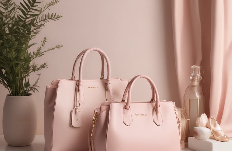 Designer handbags and luxury purses displayed in a minimalist boutique, part of Amazon Luxury Stores