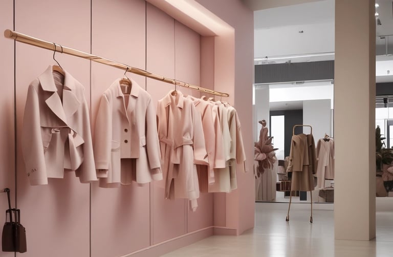 Elegant women’s coats and jackets in a soft pink boutique, luxury outerwear collection curated by Ml