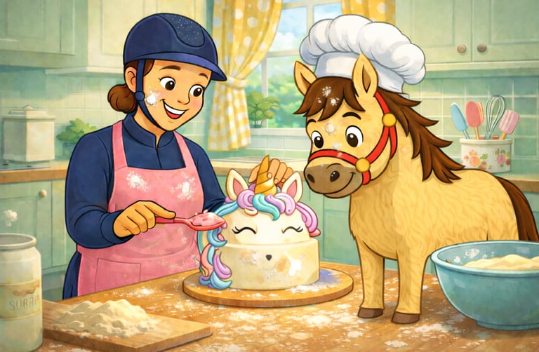 Cartoon Illustration von Pancake und der Ponytante beim Pferdekuchen backen