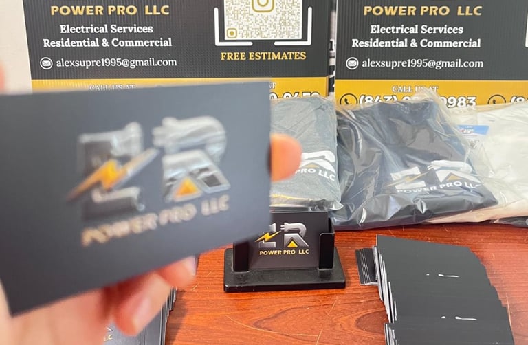 Reseña de ER PowerPro LLC mostrando el trabajo realizado: tarjetas de presentación, camisetas y yard