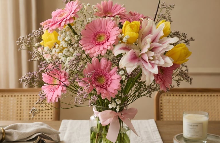 Floral bouquet of pink gerbera daisies, lilies, and yellow tulips in a glass vase on a dining table.