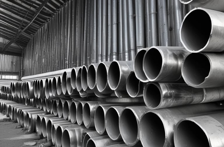 Various steel tubes displayed in a warehouse.