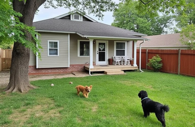 two dogs are standing in the grass in front of a house