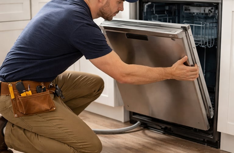 Technician installing a stainless steel dishwasher in a bright modern kitchen with tools on floor