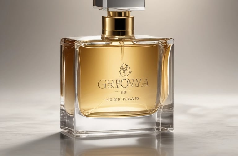 A luxurious bottle of Grooviaa perfume elegantly displayed against a soft, blurred background.