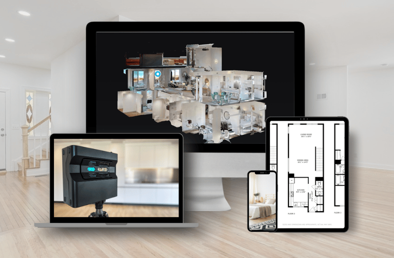 Real estate 3D tour, floor plan, and Matterport camera displayed on multiple devices