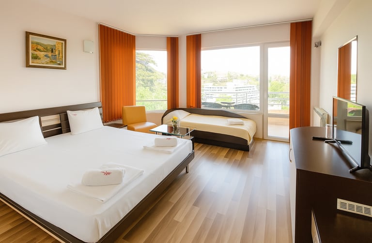 Просторна тройна стая с тераса, подходяща за трима възсрастни, семейства с деца.