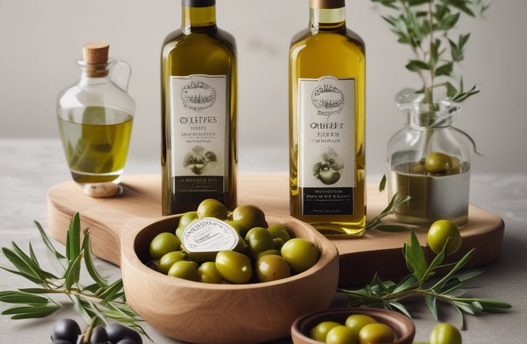 A rustic kitchen setting with olive oil and fresh bread.