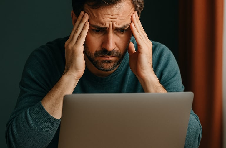 a frustrated relationship coach in front of a laptop