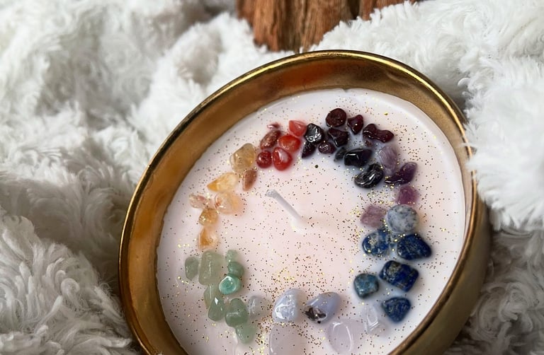 Bougie artisanale en cire végétale décorée de pierres naturelles représentant les 7 chakras, posée