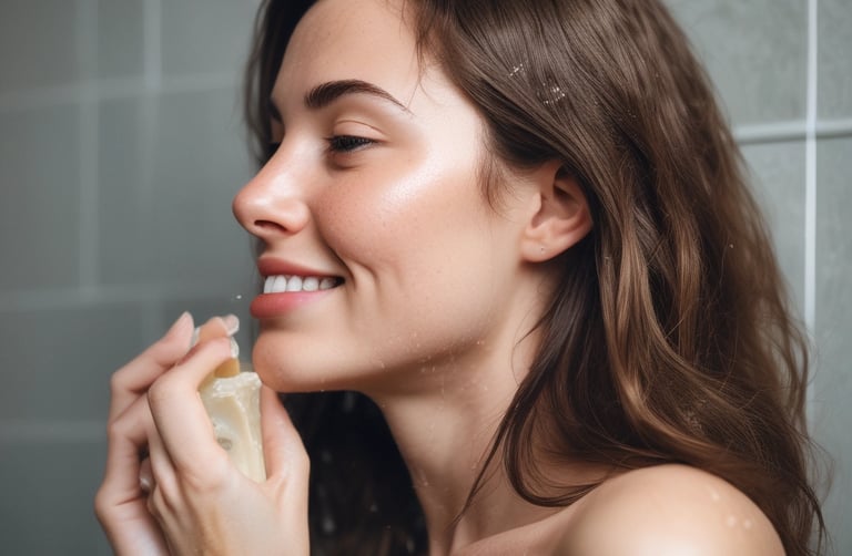 A blue bottle of natural shampoo featuring keratin and ginseng is placed on a tiled surface. The bottle is adorned with a floral design and is topped with a red flower. A turquoise towel is positioned to the right, and a purple leafy branch with red petals lies to the left.