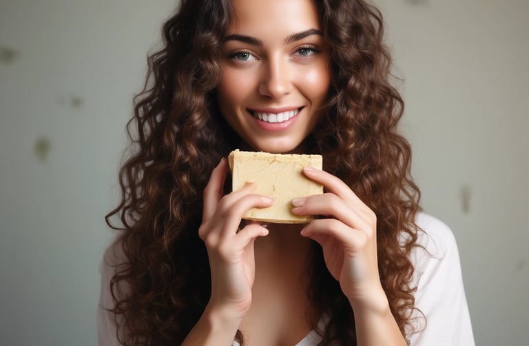A bar of natural, handcrafted soap is placed in the foreground, with its texture showing small flecks of ingredients. In the background, two soap boxes are slightly blurred, with green and white labels, indicating a focus on natural or organic ingredients.