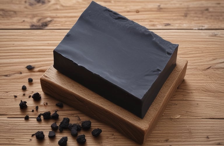 A hand is holding a bar of handmade soap with a label that reads 'Vya Naturals' featuring ingredients like activated charcoal and cedarwood. The background includes pieces of black soap or material placed on a wooden surface.