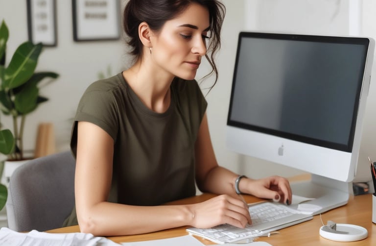 a woman sitting at a desk with a computer and a keyboard ready to work on her online business