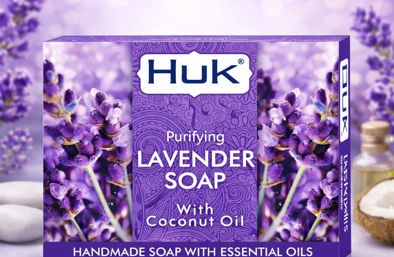 Huk purifying lavender bar soap with coconut oil and essential oils in a floral purple box.
