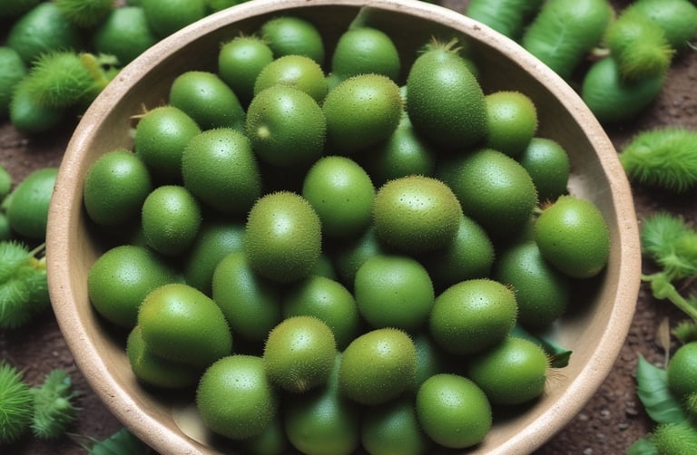 A hardy kiwi vine with fuzzy green fruits nestled among lush leaves.