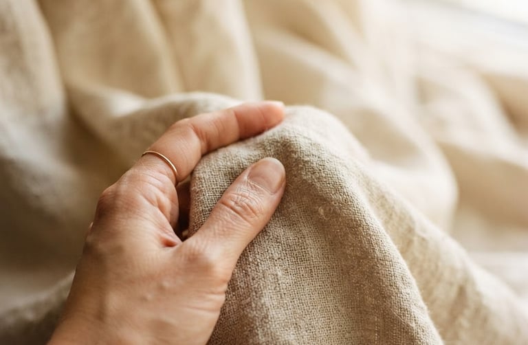 Close-up of hand touching soft beige draped linen fabric, warm diffused morning daylight, shallow depth of field, 35mm film