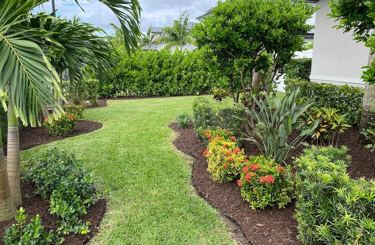 Modern backyard landscaping with tropical plants, green grass lawn, and dark mulch garden beds.