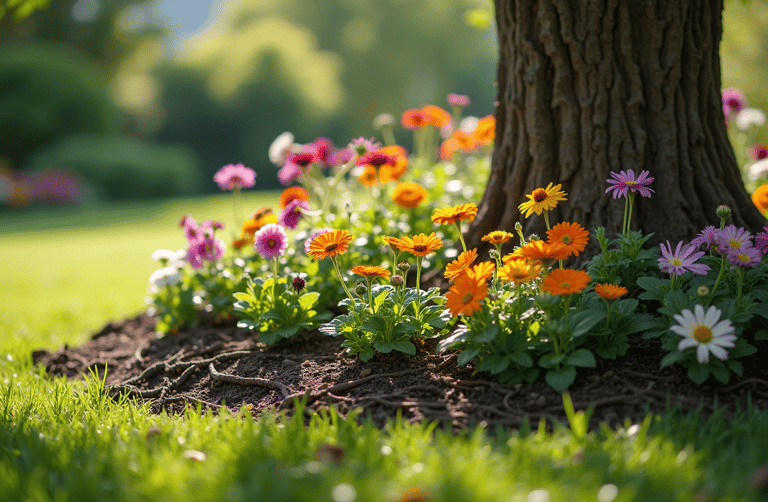 Colorful spring flowers blooming in a garden bed at the base of a large tree trunk.