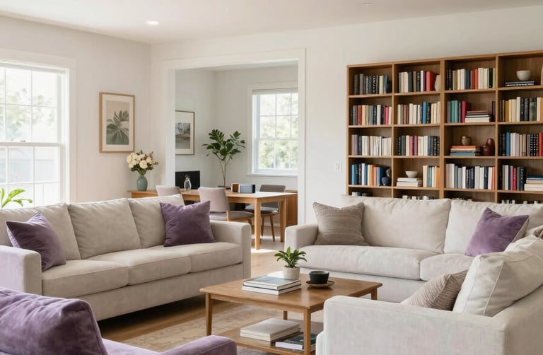A wide-angle professional photograph of a modern, open-concept communal living area in a North American home. The space is filled with natural light, featuring comfortable furniture in shades of off-white and soft purple. There is a clean wooden floor and a large bookshelf. The atmosphere is serene, welcoming, and organized, reflecting a shared community spirit.