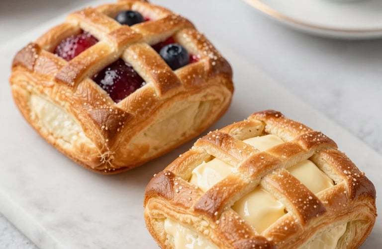 Whimsical illustration of a flaky fruit tart topped with fresh berries and a dusting of powdered sugar.