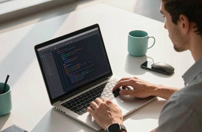 A detailed high-angle shot of a sleek, high-tech workspace in a modern Latin American city. A professional is focusing on a laptop showing code for a chatbot, with steel blue and soft teal desk accessories, warm sunlight entering through large windows, minimalist professional atmosphere.