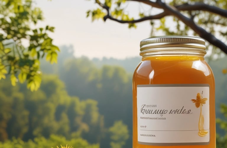 A jar of pure, amber-colored honey surrounded by fresh wildflowers on a rustic wooden table.