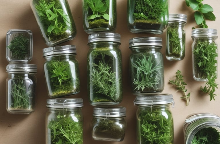 Bundles of dried herbs and vibrant moringa leaves arranged on a woven mat with natural light.