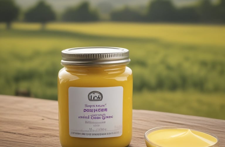 Close-up of golden, creamy desi ghee in a traditional clay pot with a wooden spoon.