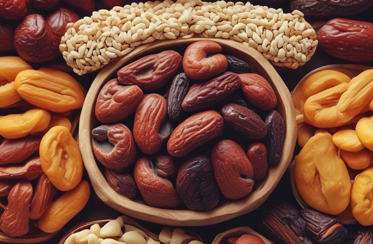 Assorted dry fruits like almonds, cashews, and raisins neatly arranged on a wooden board.