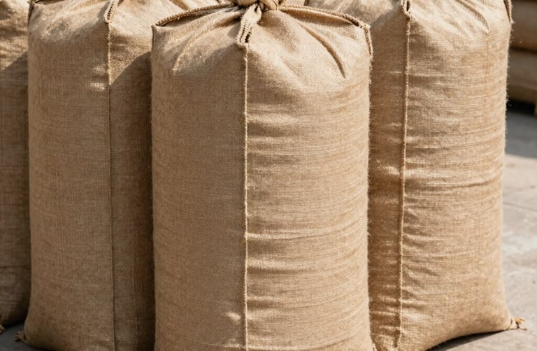 Close-up of a rustic jute gunny bag filled with fresh produce, highlighting the natural texture.