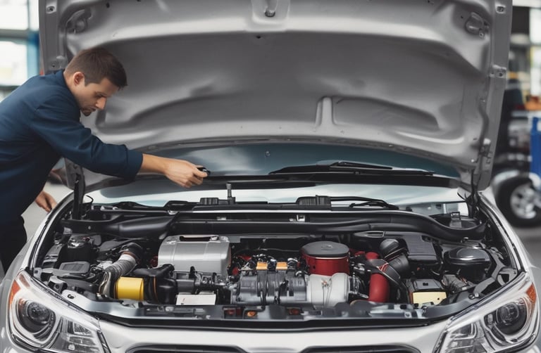 A friendly mechanic inspecting a car engine with jkoreanparts boxes in the background.