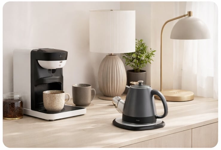 Modern coffee maker and electric tea kettle on a wooden kitchen counter with stylish home decor.