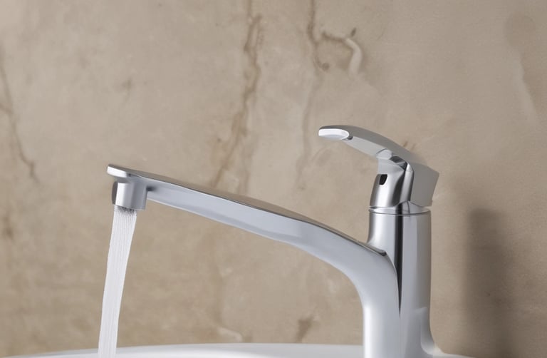 Modern brushed nickel pull-down kitchen faucet with a high-arc spout on a marble countertop.