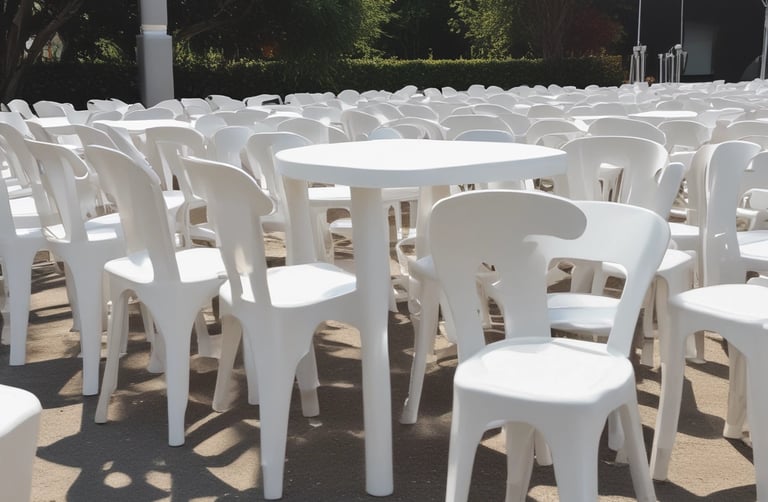 A display of durable plastic chairs and tables set up for a casual outdoor gathering on a wooden deck.