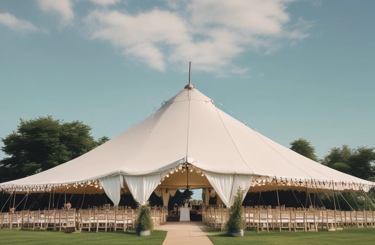 A beautifully set wedding tent with soft lighting and elegant drapes, capturing a romantic outdoor celebration.