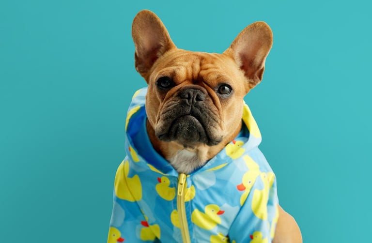 perrito con chamarra azul estampado de patitos